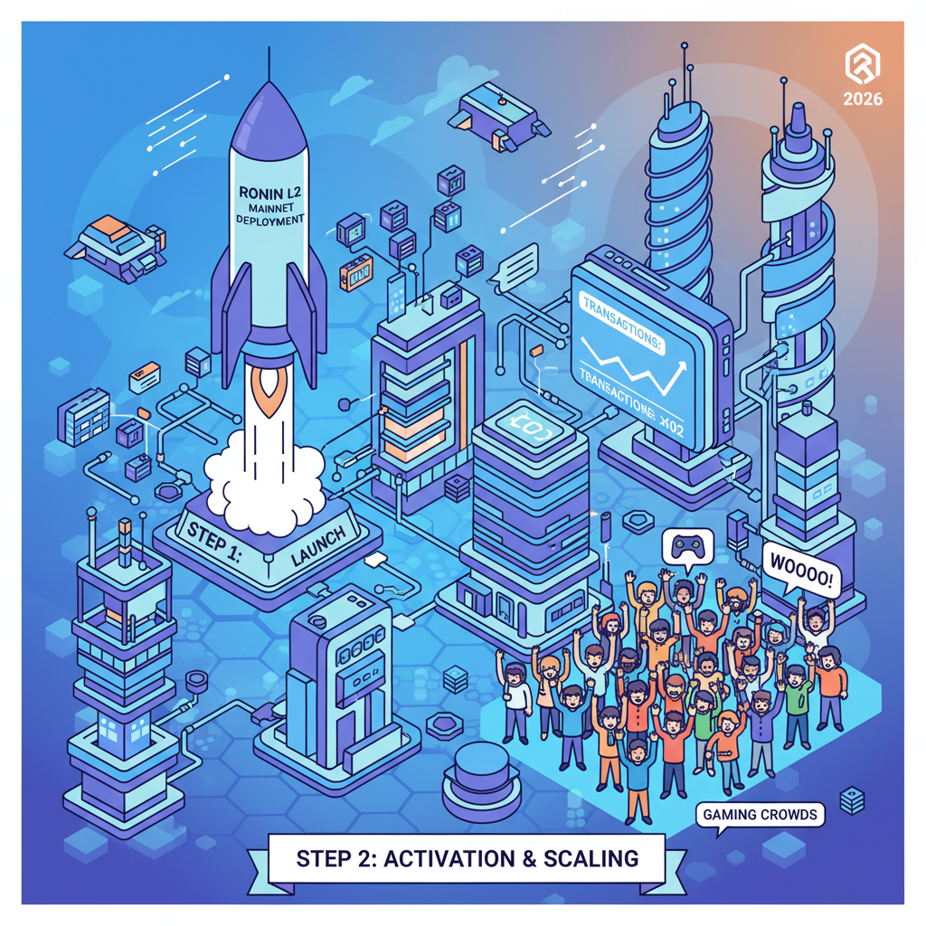 deploying Ronin L2 rollup to mainnet rocket launch, x402 payments flowing, 2026 futuristic blockchain city, gaming crowds cheering