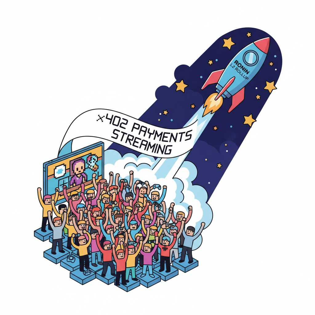 rocket launching Ronin L2 rollup to stars, x402 payments streaming, massive gaming crowd cheering below