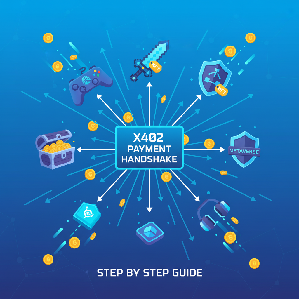 x402 payment handshake flowchart exploding into Web3 gaming icons, coins flying per request, vibrant electric blues