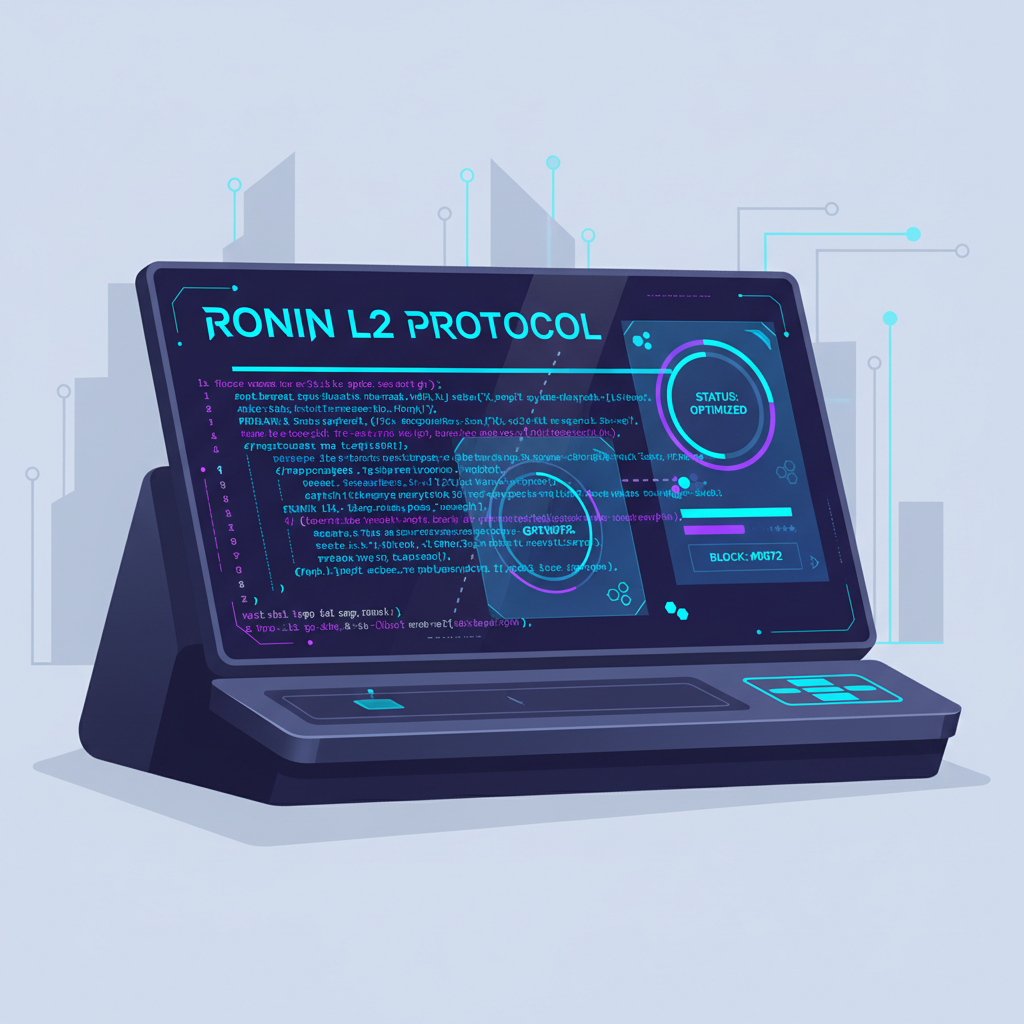 sleek developer terminal with Ronin L2 code glowing, futuristic gaming HUD overlay, neon blues and purples