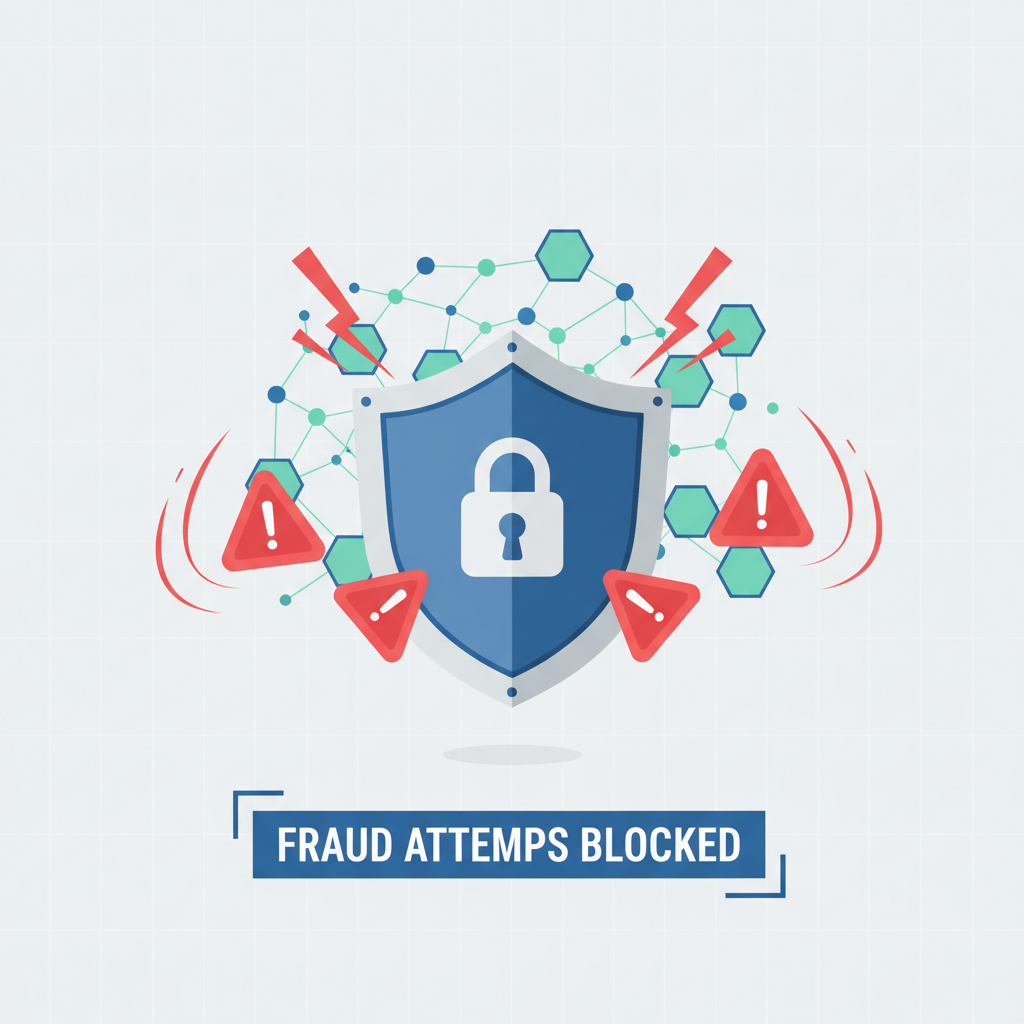 shield icon blocking fraud attempts on blockchain, red danger signs deflected, secure web3 network