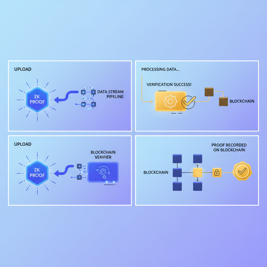 uploading glowing ZK proof to blockchain verifier, data stream pipeline, verification success