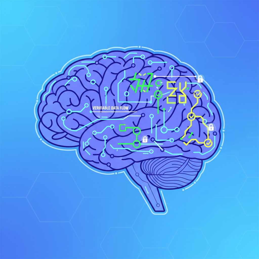 AI neural network intertwined with ZK proof circuits, verifiable data flow, sci-fi digital brain