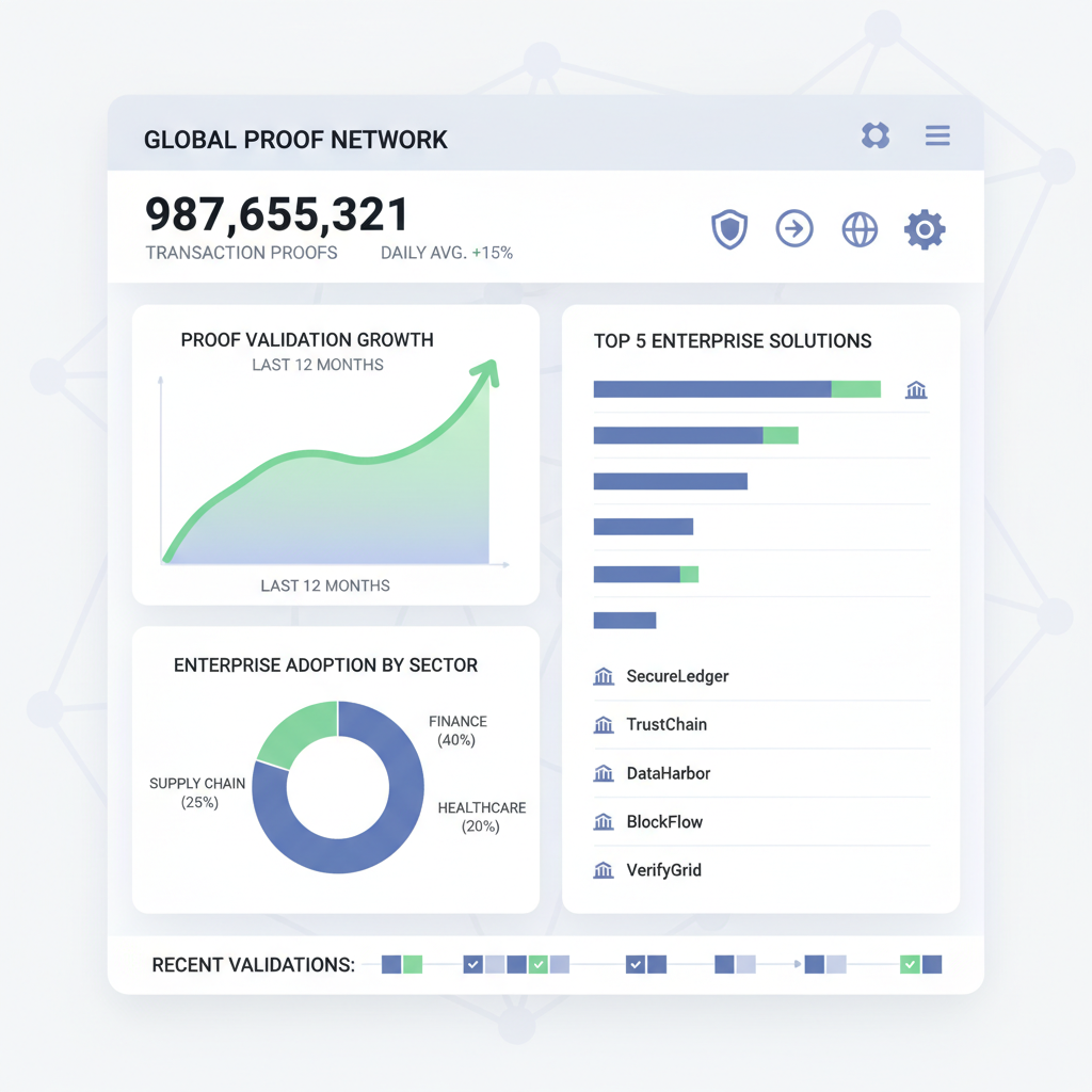 scalable blockchain dashboard showing millions of proofs, growth charts, enterprise scale