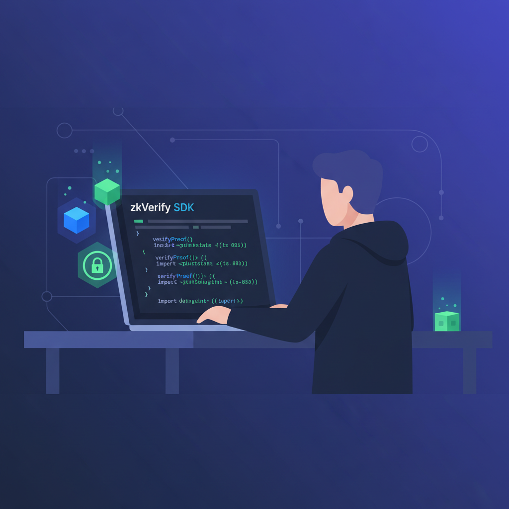 developer coding terminal with zkVerify SDK, blockchain icons, dark mode setup