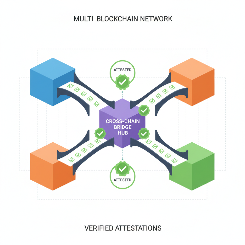 cross-chain bridges with verified attestations, multi-blockchain network, green checkmarks