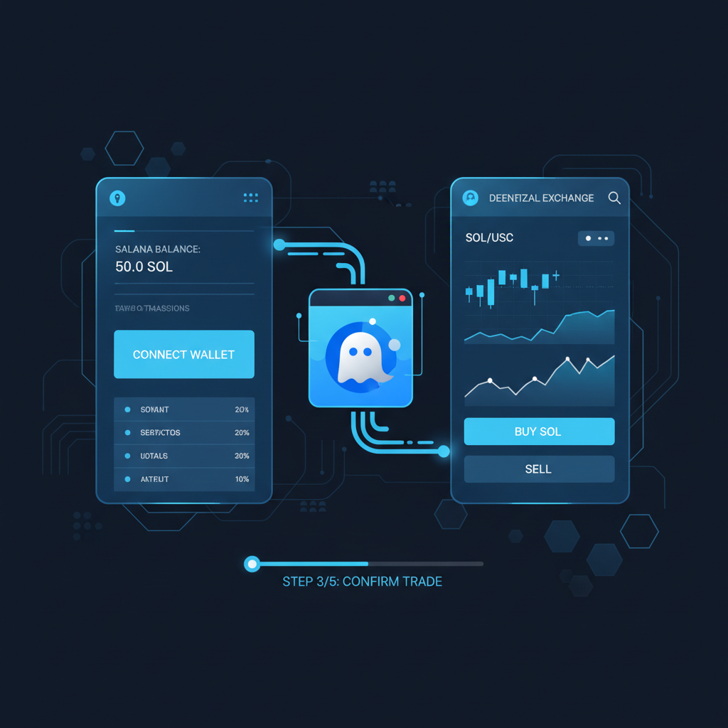 sleek Phantom wallet interface connected to Solana DEX, futuristic UI, blue tones, crypto trading dashboard