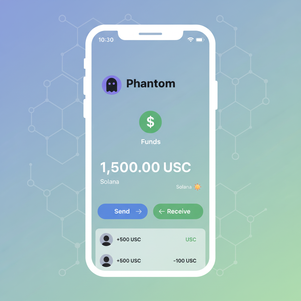 Phantom wallet showing USDC balance on Solana, clean mobile screen, green funds icon, blockchain network