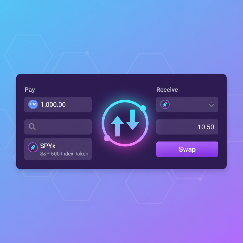 Jupiter DEX Solana interface with USDC input, SPYx search, vibrant purple UI, swap arrows glowing