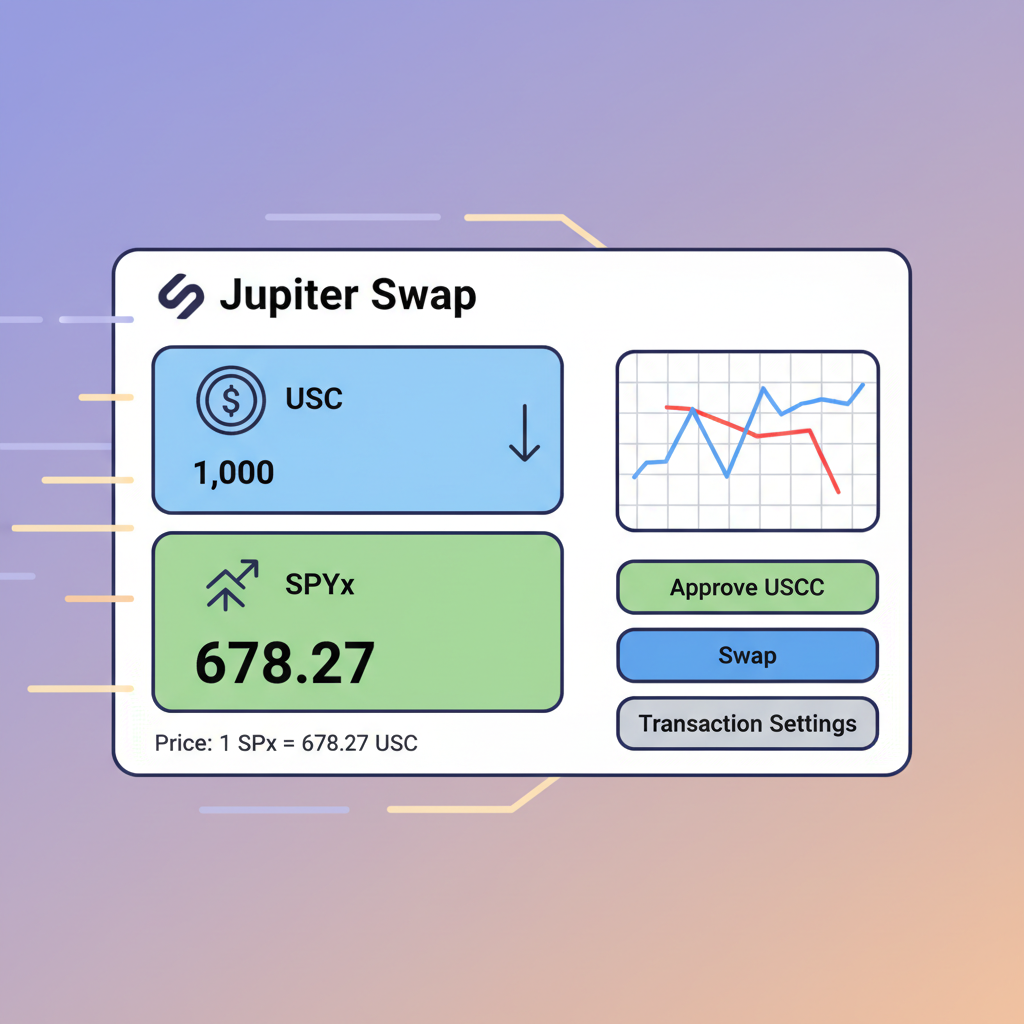 Jupiter swap screen USDC to SPYx at $678.27, price chart snippet, approval buttons, Solana speed lines