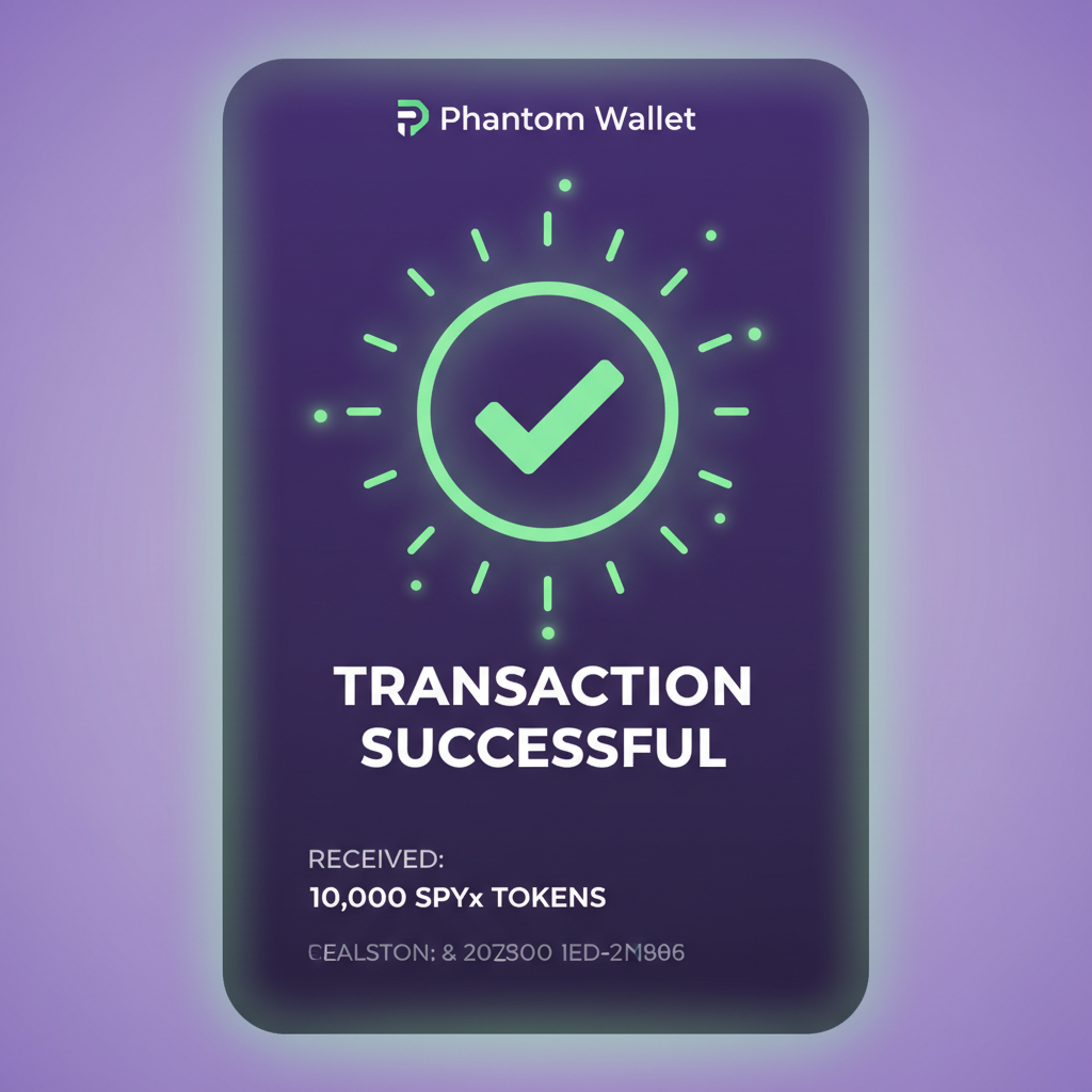 Transaction confirmation Phantom wallet, success checkmark, SPYx tokens received, celebratory green glow