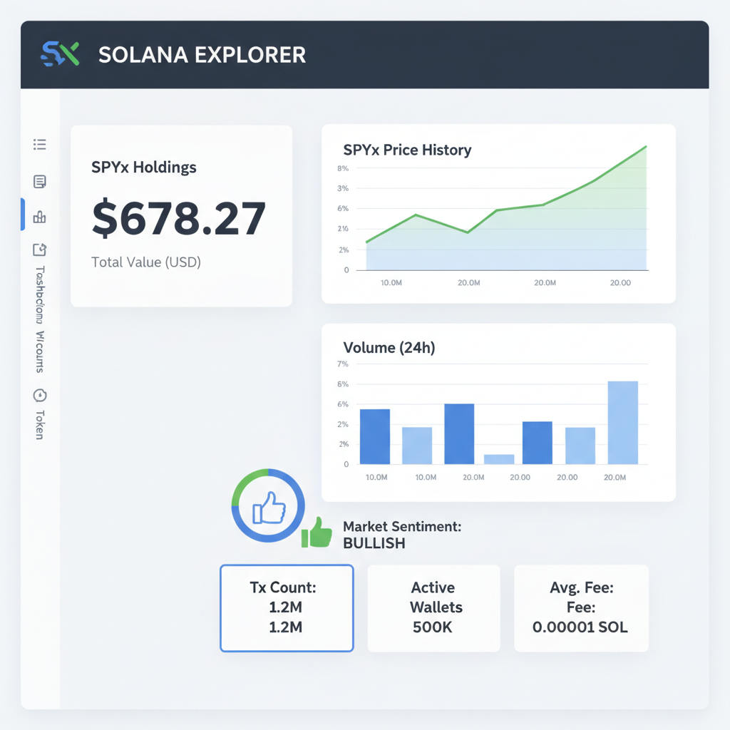 Solana explorer dashboard showing SPYx holdings, charts at $678.27, professional analytics view