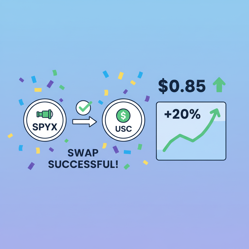successful token swap spyx on solana dex, price chart rising, confetti animation