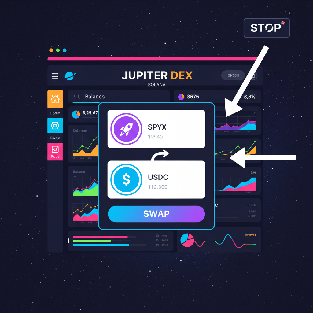 jupiter dex interface solana, token swap screen spyx usdc, vibrant defi dashboard