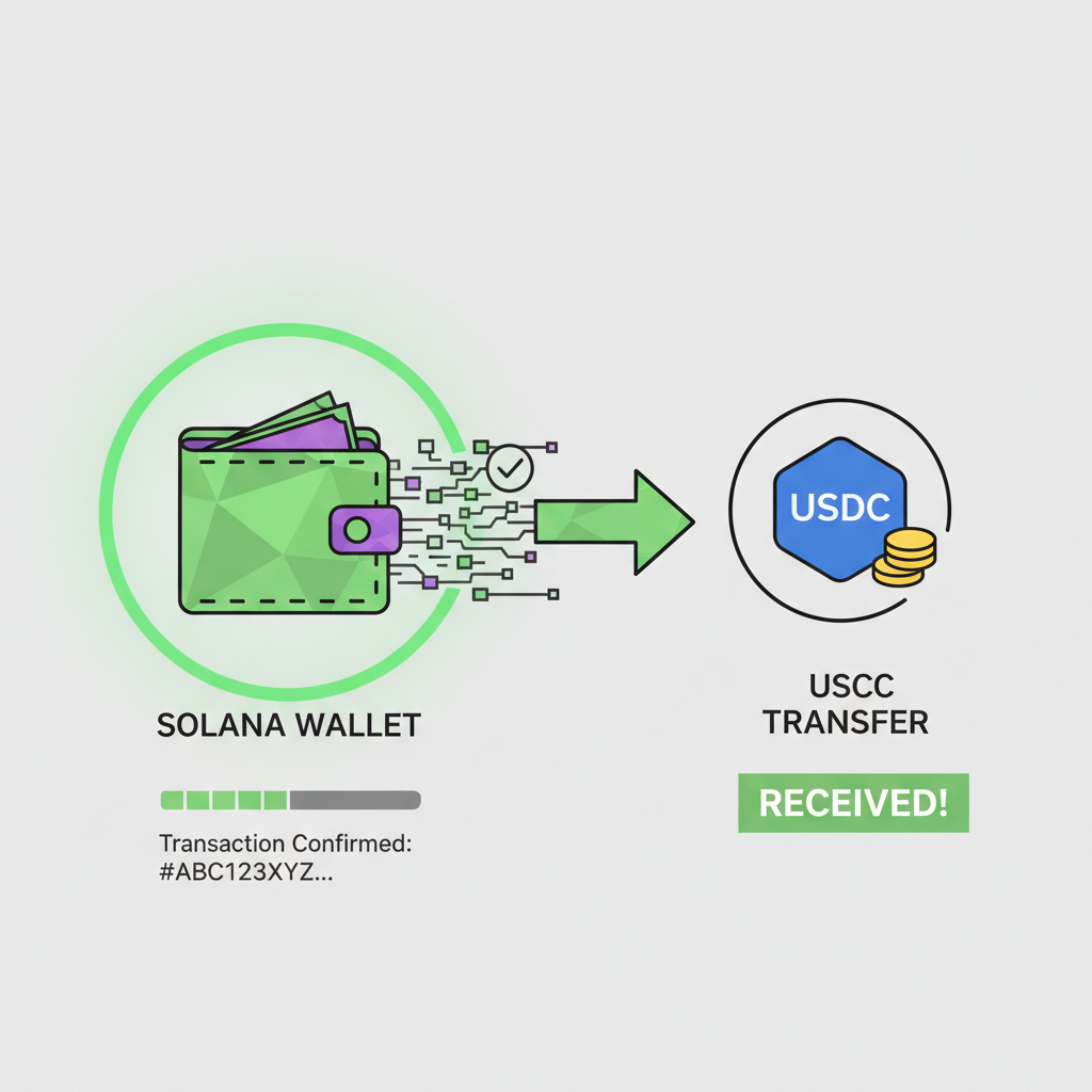solana wallet receiving usdc transfer, blockchain transaction animation, green success glow