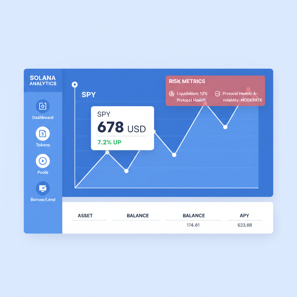 solana defi analytics dashboard, spy price chart 678 usd, risk metrics overlay