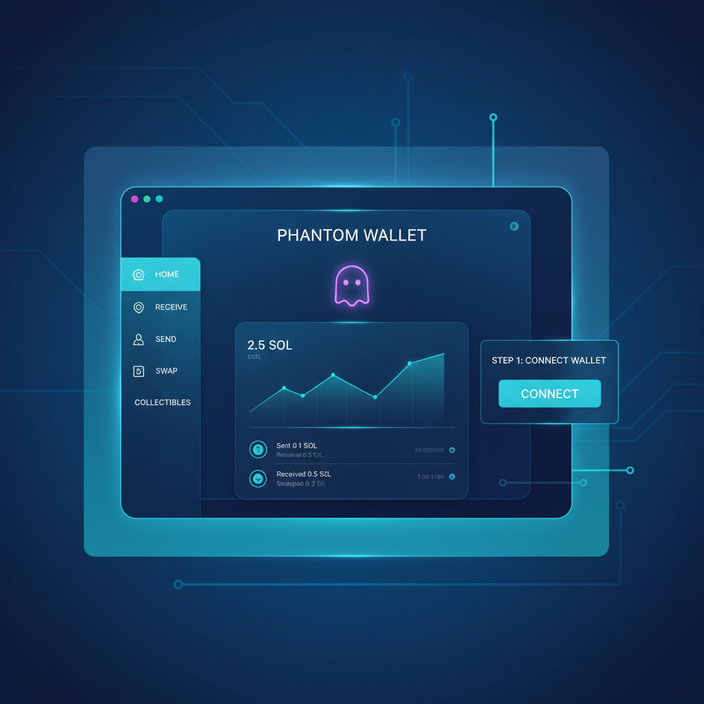 sleek solana wallet interface on desktop, phantom app, futuristic crypto ui, blue tones