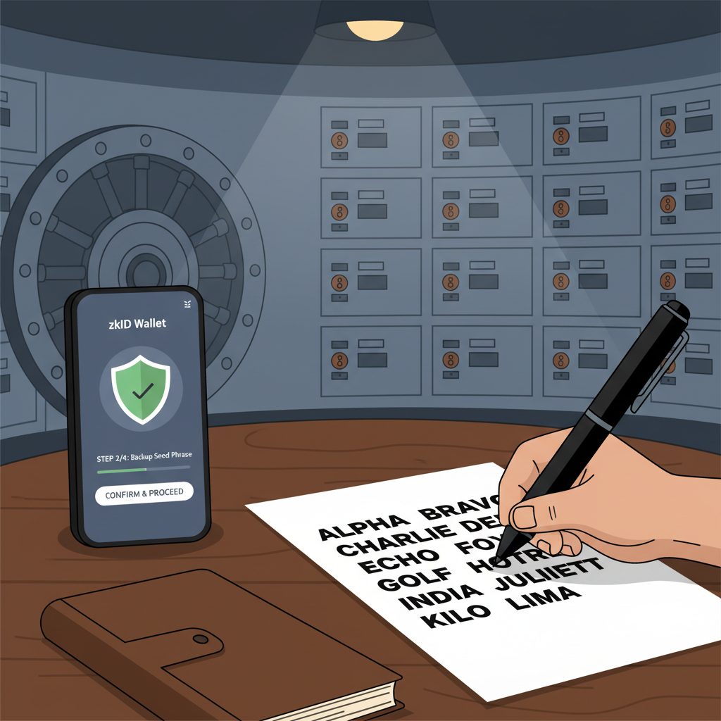 user writing seed phrase on paper offline, zkID wallet interface on phone nearby, secure vault background, dim lighting