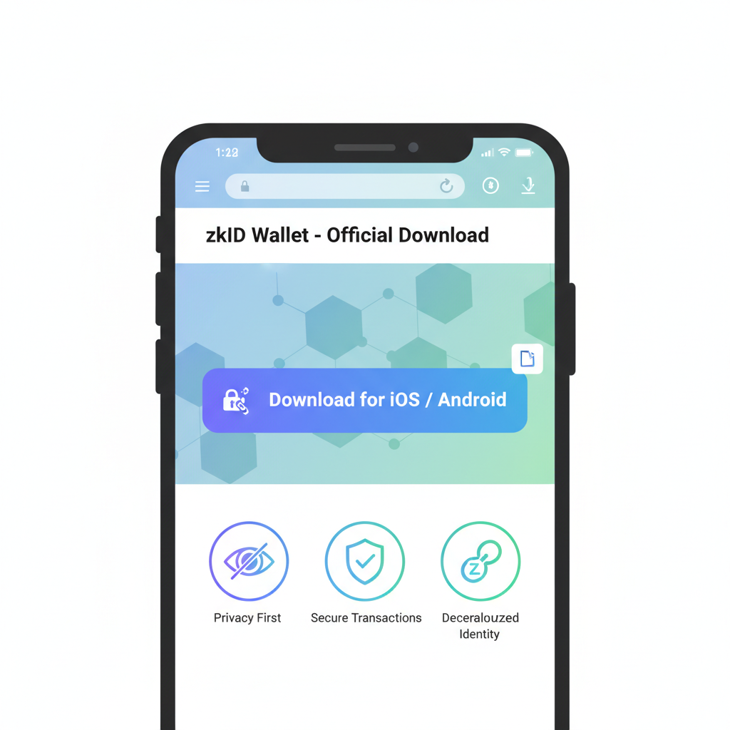 modern smartphone screen showing zkID wallet app download from official site, clean UI, privacy icons, web3 theme