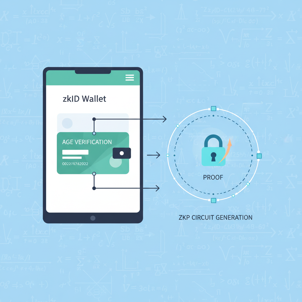 zkID wallet generating ZKP circuit for age verification, glowing proof icon, abstract math proofs background