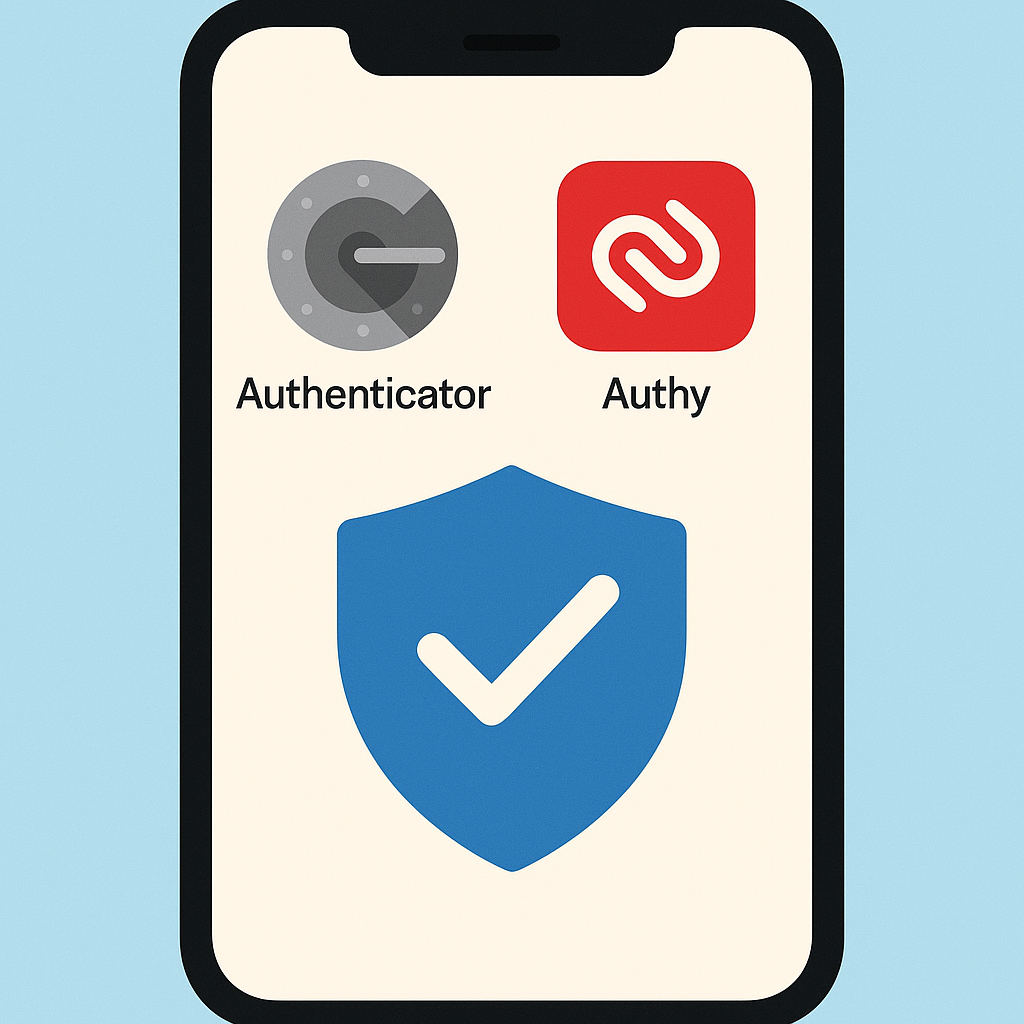 A smartphone screen displaying the Google Authenticator and Authy app icons, with a secure shield symbol, modern digital style