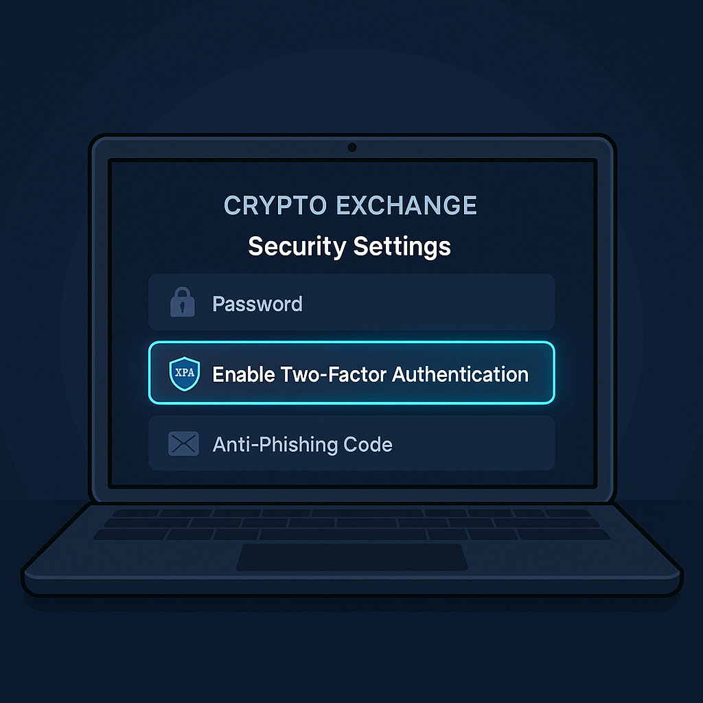 A laptop showing a crypto exchange security settings page with 'Enable Two-Factor Authentication' highlighted, futuristic interface