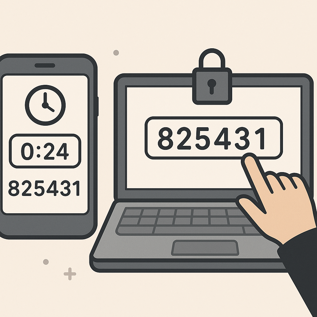 A phone displaying a 6-digit code, with a countdown timer, being typed into a laptop screen, emphasizing security