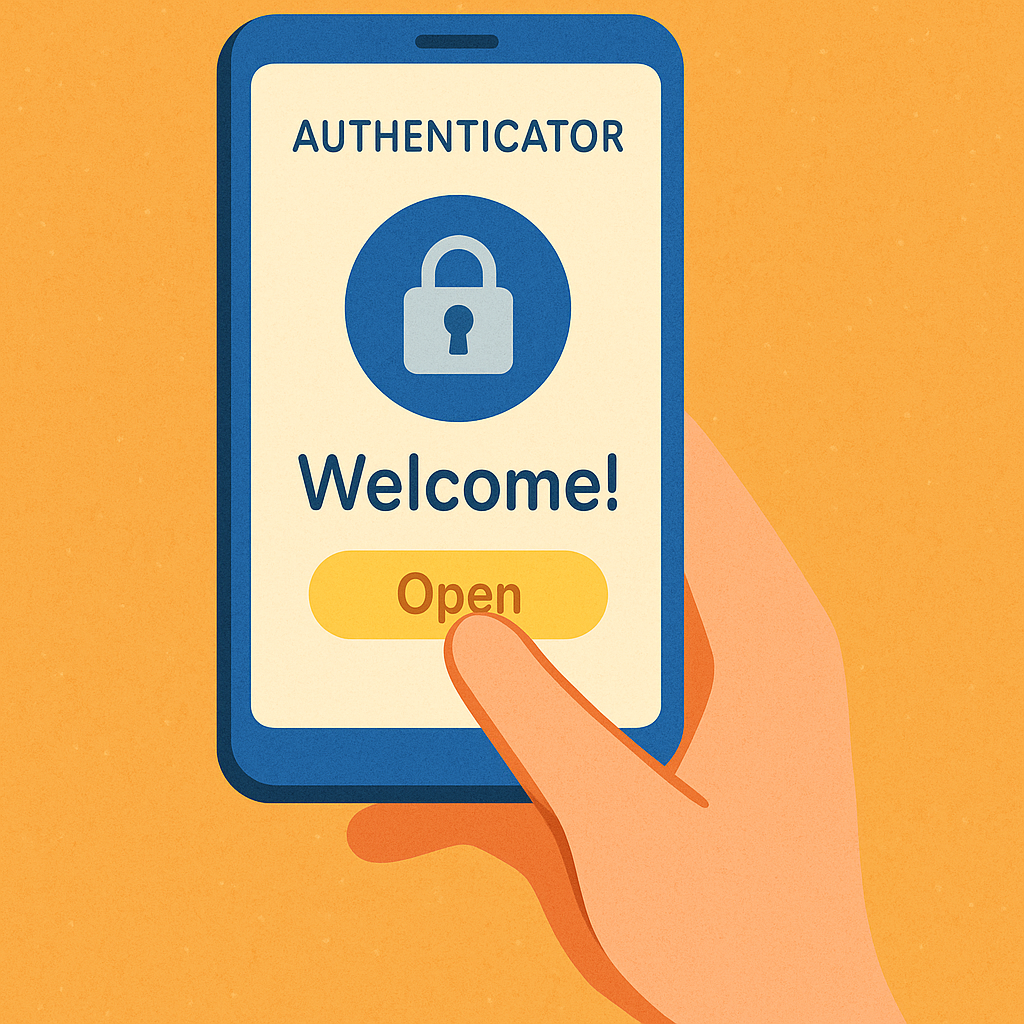 A hand tapping to open the authenticator app on a phone, with a welcoming app interface, bright and inviting colors