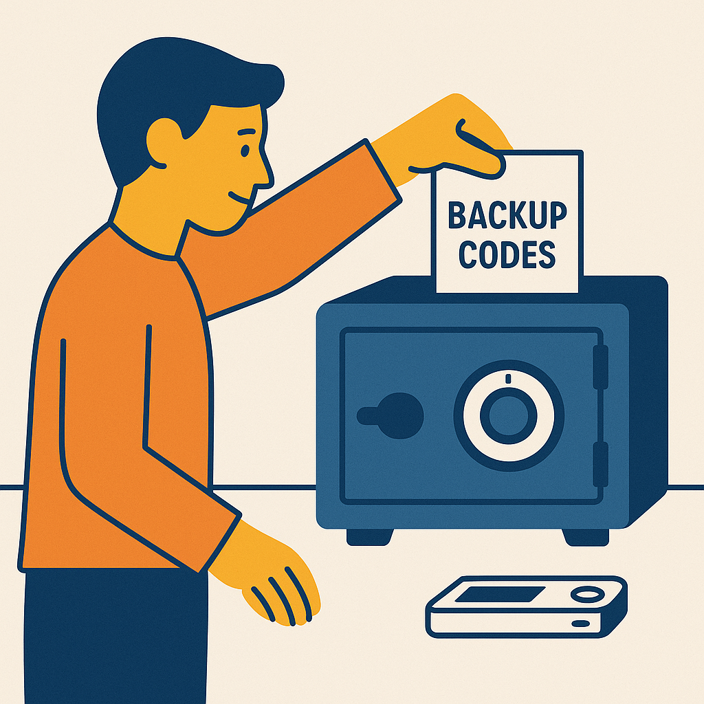 A person placing a piece of paper with backup codes into a locked safe, with a hardware wallet nearby