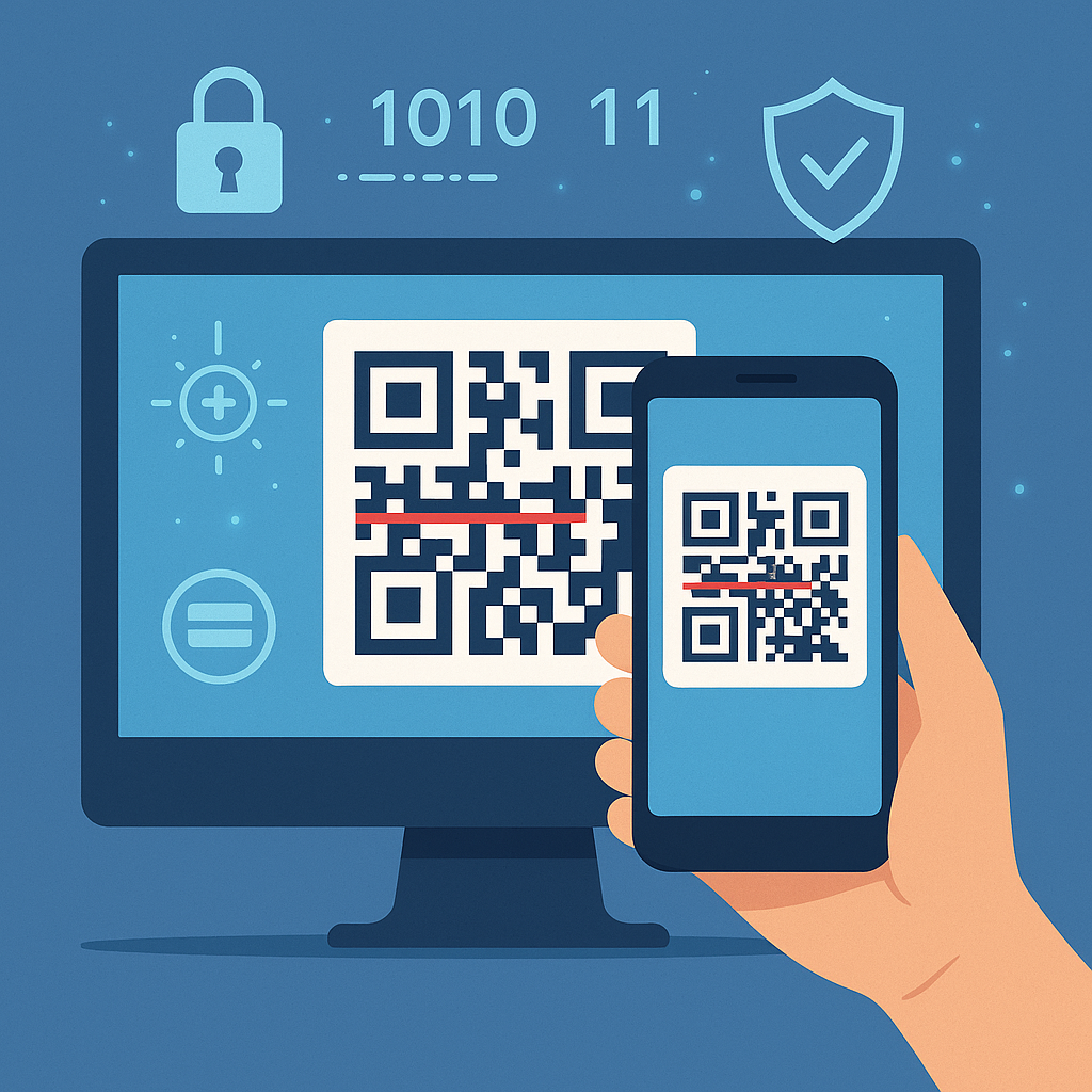 A phone camera scanning a QR code on a computer screen, digital security elements glowing around the code