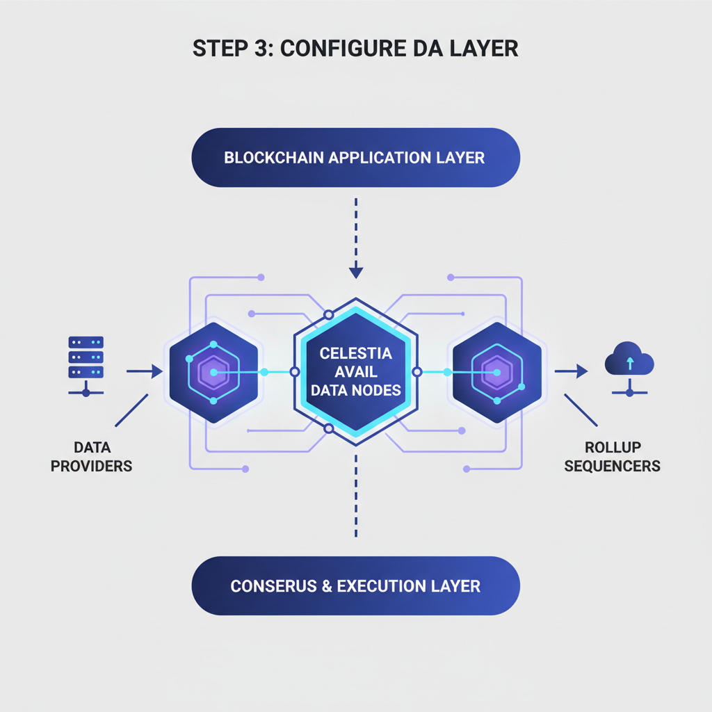 configuring blockchain DA layer Celestia Avail, network diagram with data nodes glowing