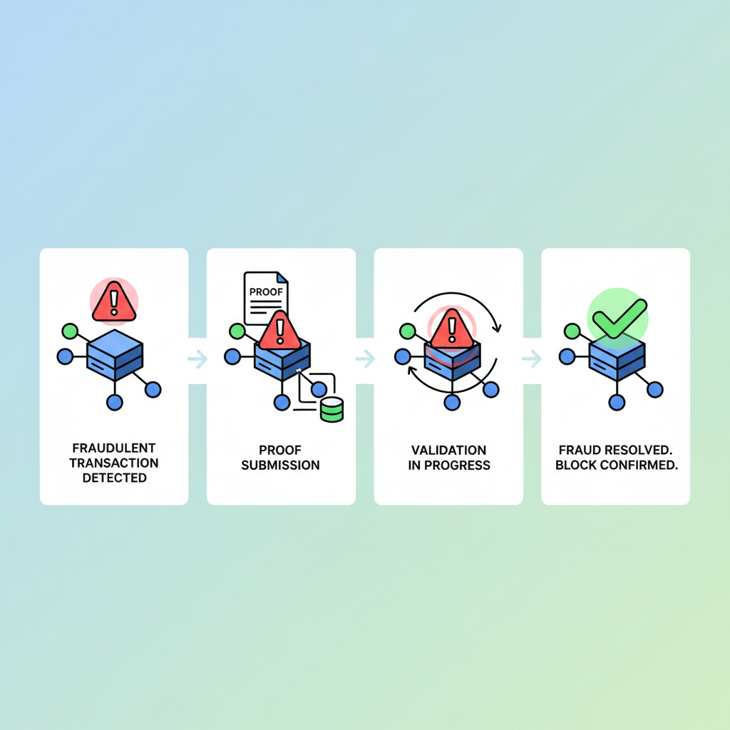 testing fraud proofs on blockchain simulator, red alert icons resolving to green check