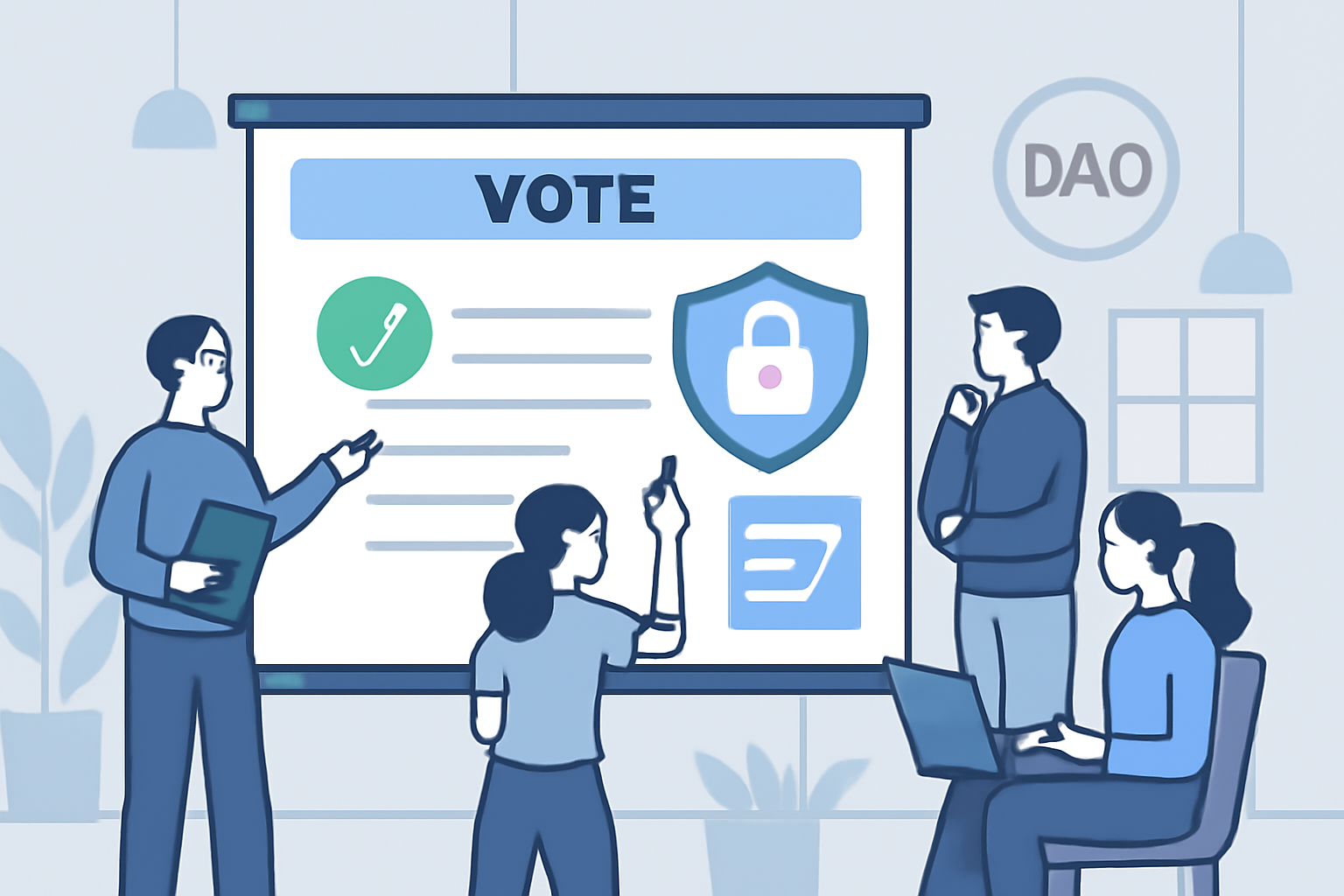 A group of people analyzing a digital voting process on a large screen, highlighting privacy and compliance icons, in a modern DAO setting.