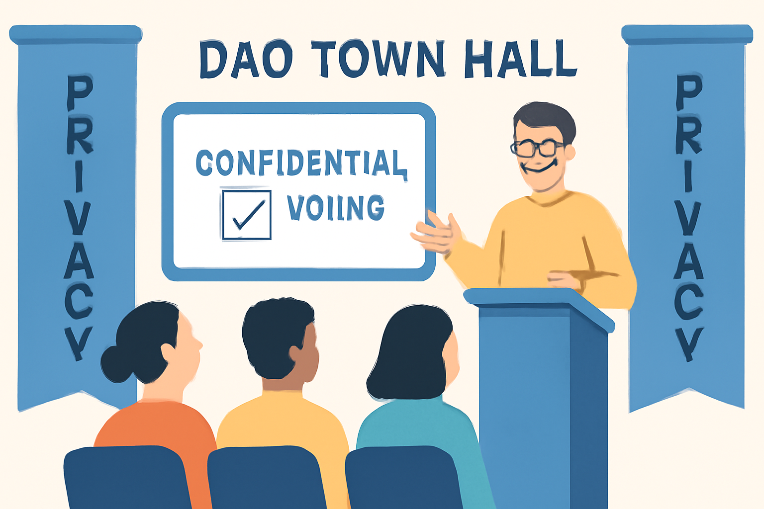 A DAO town hall meeting with members learning about confidential voting, with privacy banners and digital screens.
