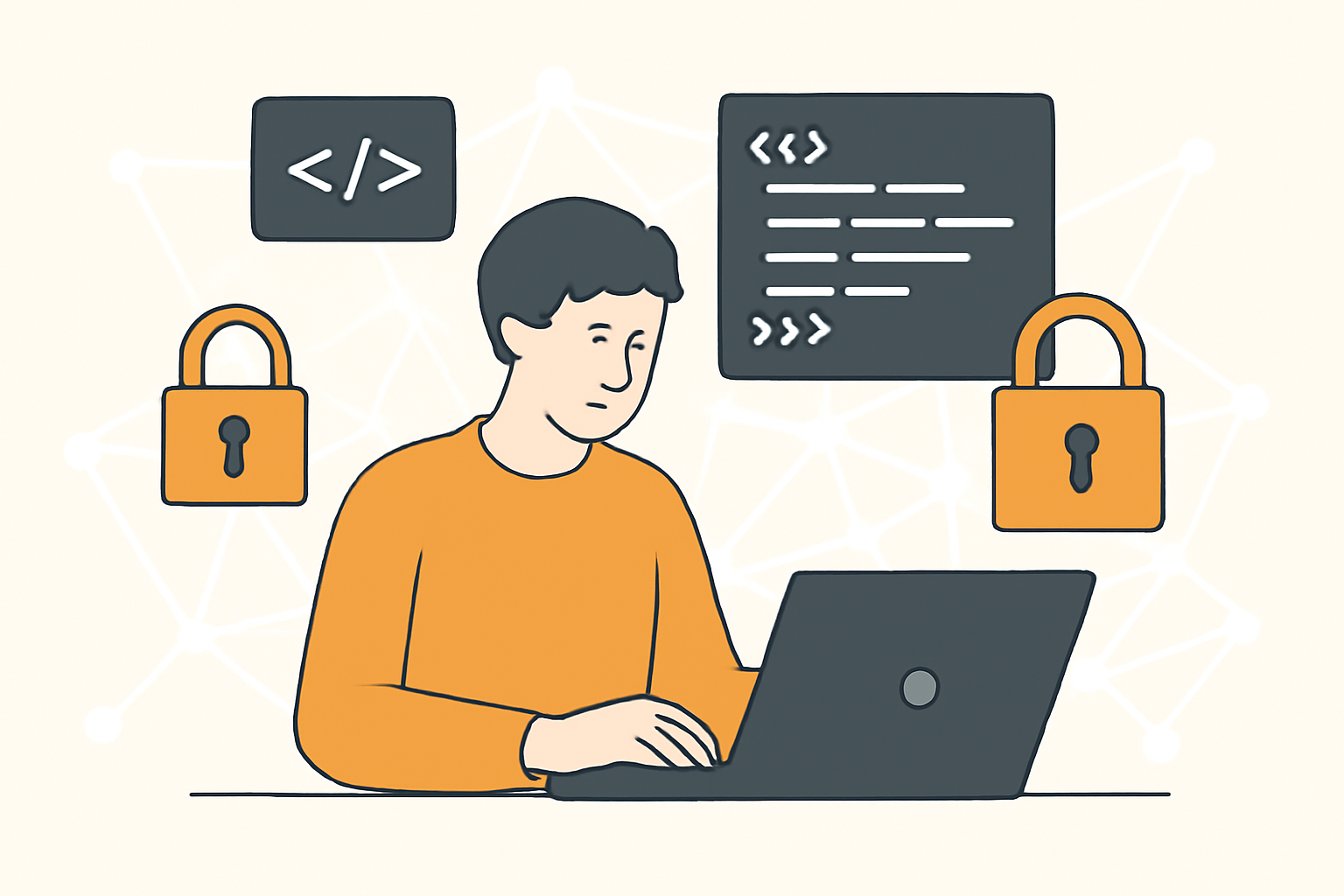 A developer deploying smart contracts on a laptop, with code snippets and encrypted lock icons overlaying a blockchain network.
