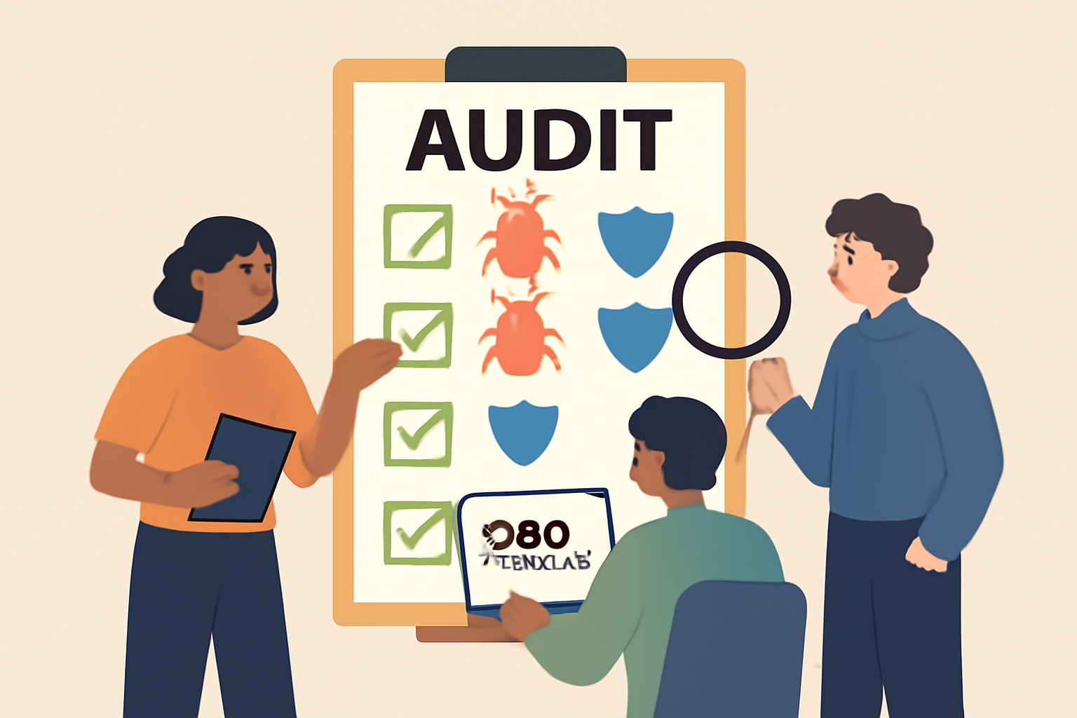 A checklist with audit reports, bug icons, and shield symbols, showing a team reviewing DAO voting security.