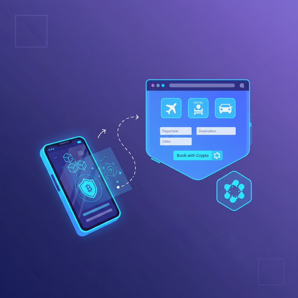 futuristic wallet connecting to travel booking website, neon blue UI, blockchain icons