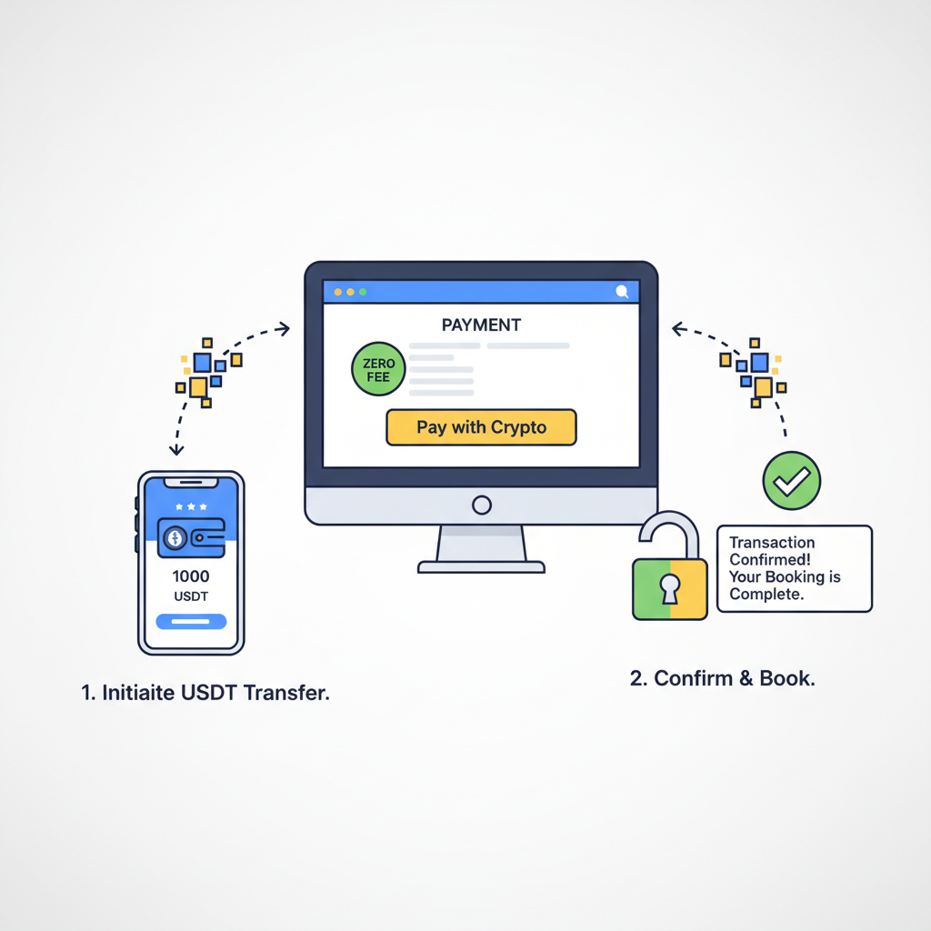 paying with USDT crypto on travel site, zero fee badge, stablecoin transfer animation