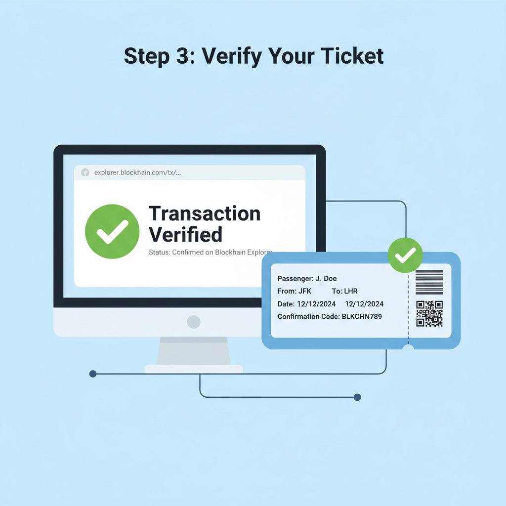 verifying blockchain transaction on explorer, green checkmark, travel ticket confirmation