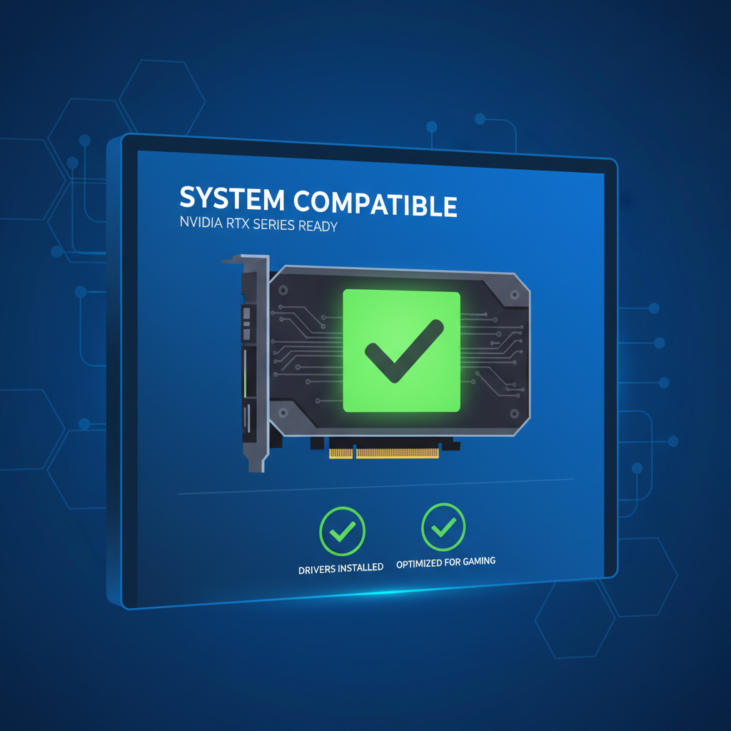 NVIDIA RTX GPU card glowing green checkmark compatibility screen tech style