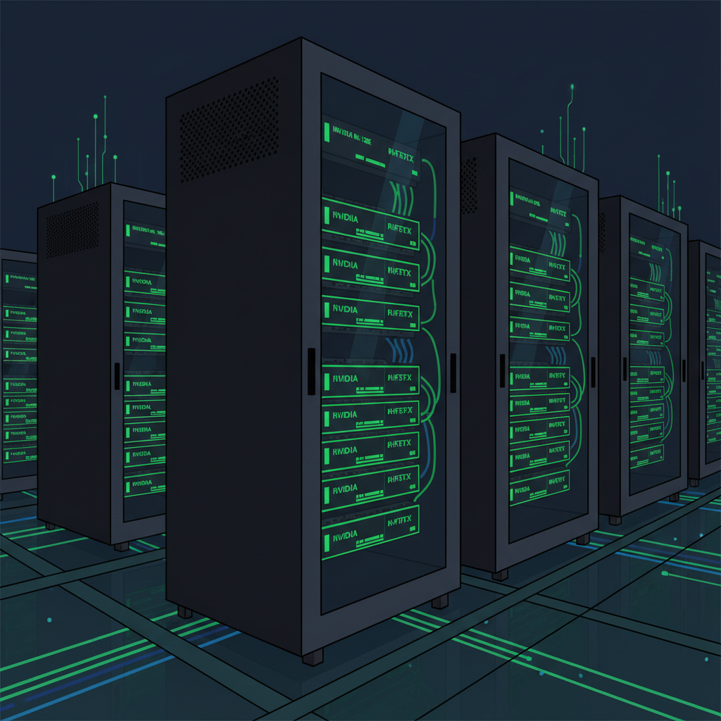 NVIDIA RTX GPU rig in data center, glowing green, high-tech setup