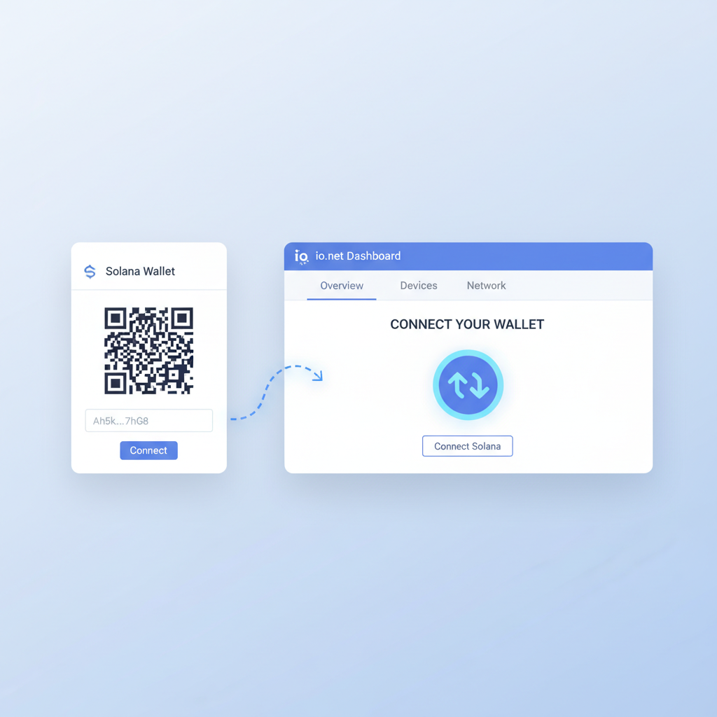 Solana wallet interface connecting to io.net dashboard, clean UI