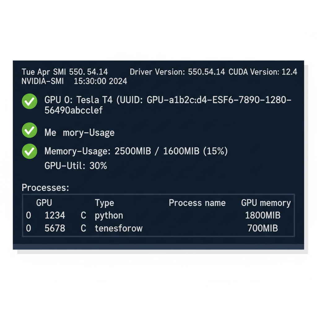 Terminal showing nvidia-smi output, green checkmarks, GPU stats