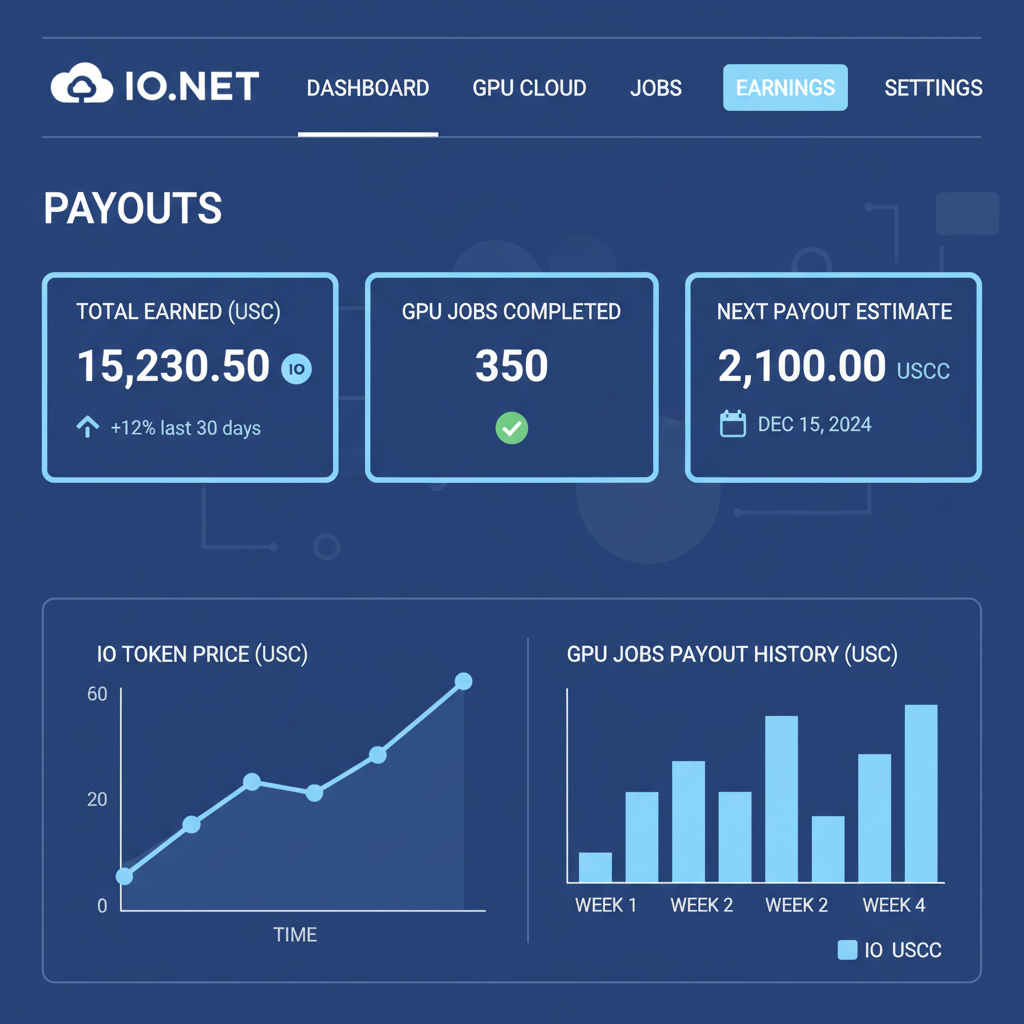 io.net dashboard screen showing GPU jobs payouts IO USDC charts