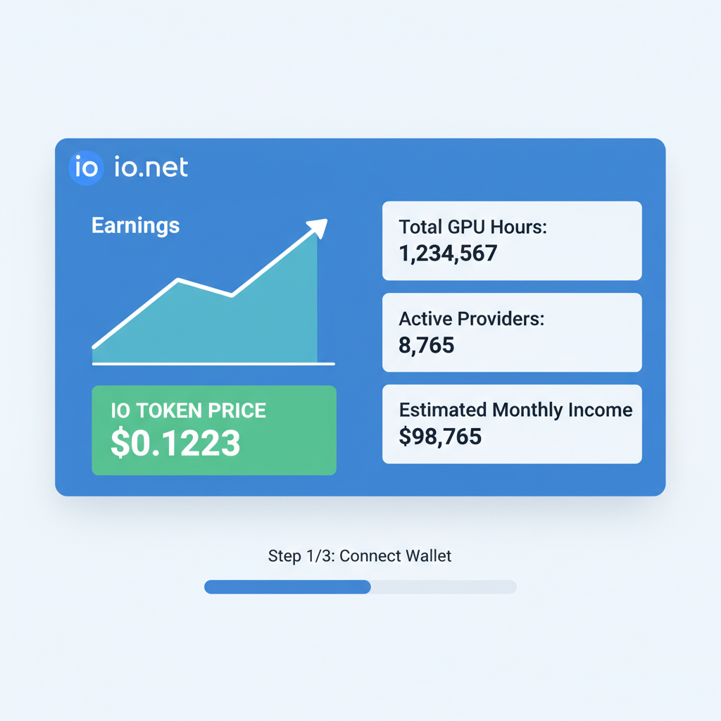 io.net dashboard with earnings graph, IO token price $0.1223