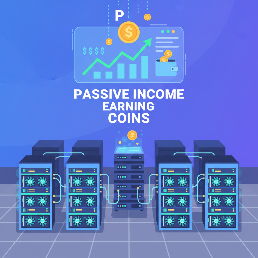 GPU farm earning passive coins, charts up, idle rigs active