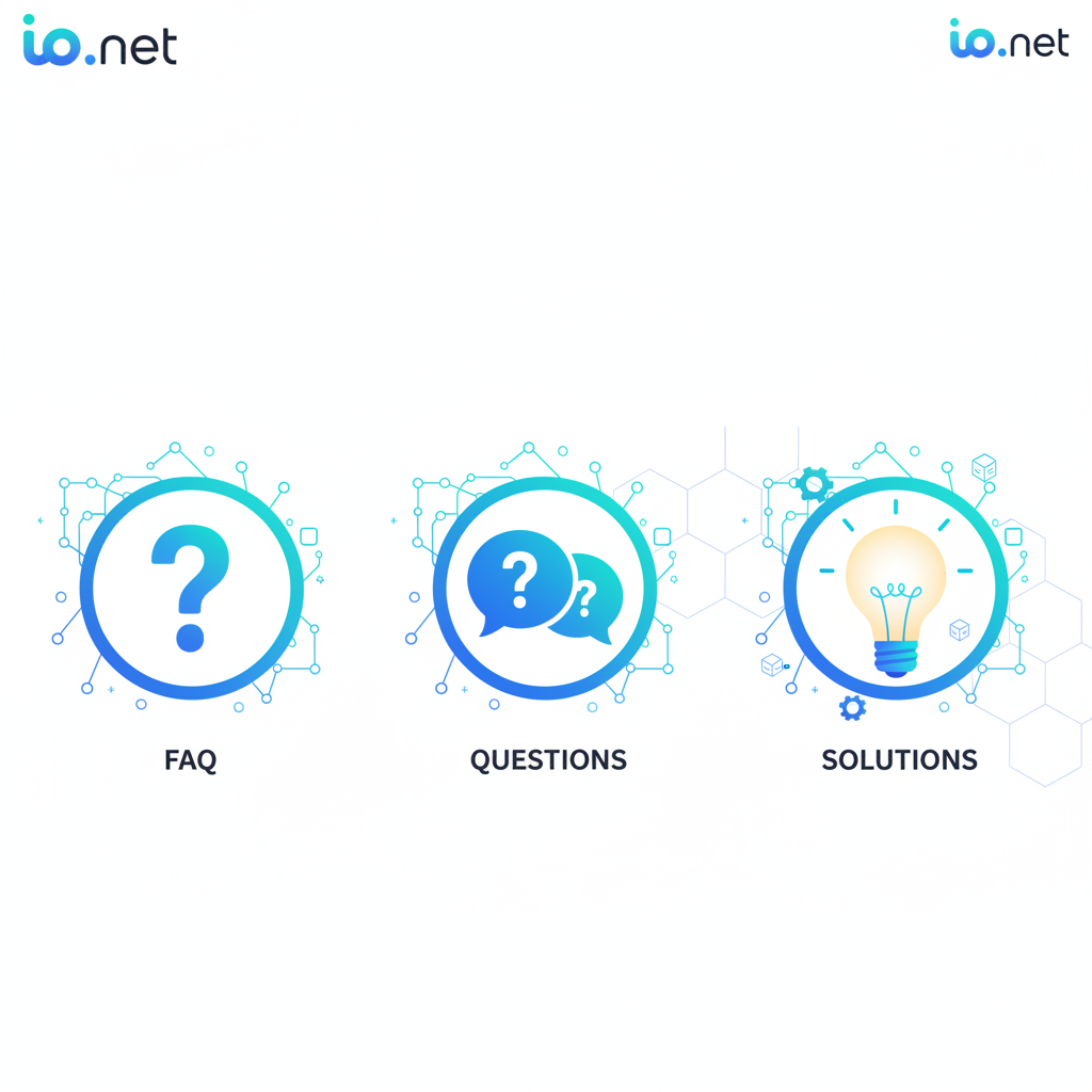 FAQ icons, question marks, lightbulb solutions, io.net theme