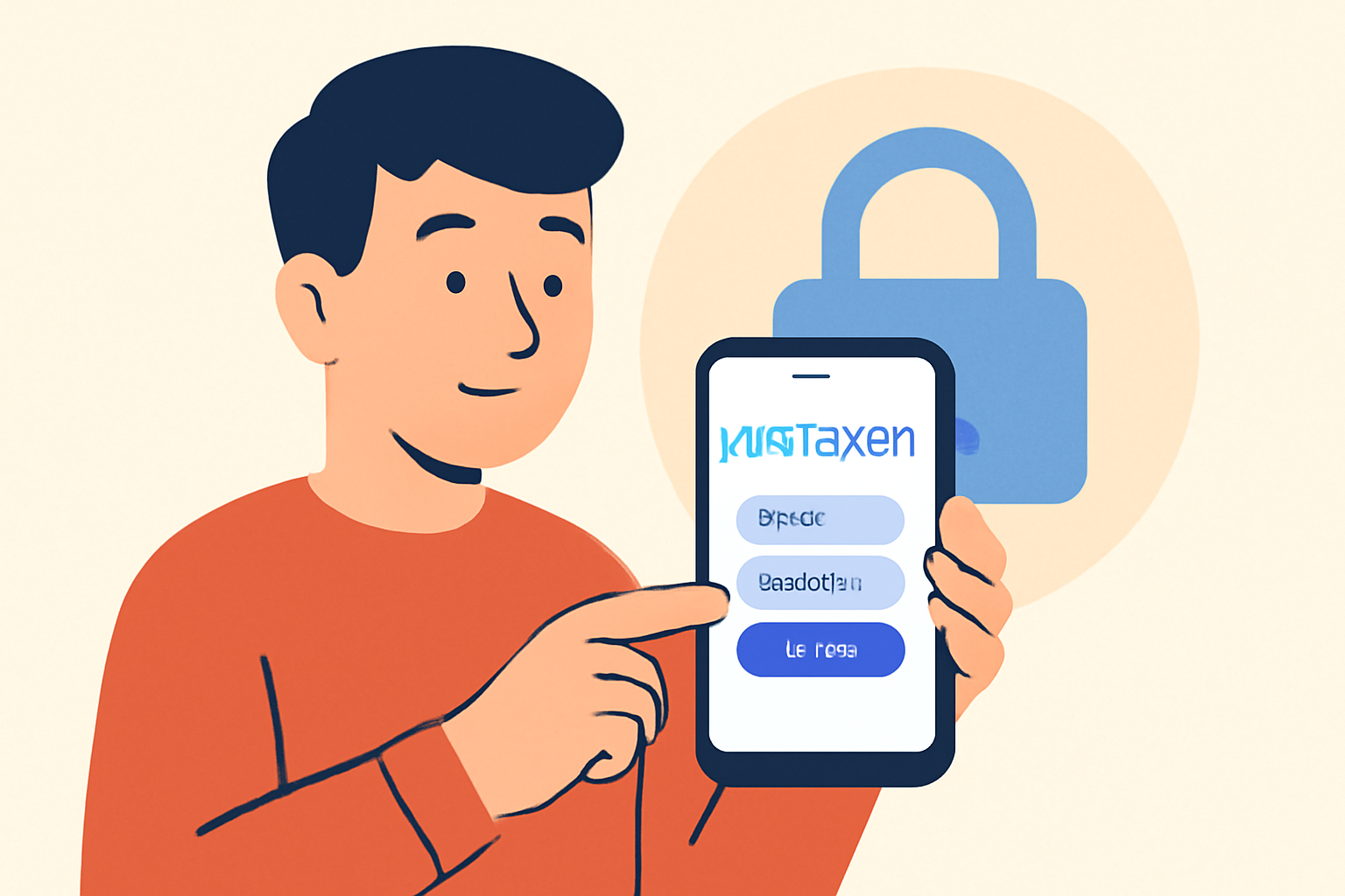 a person holding a phone, entering login details on the Kraken app, with a secure padlock symbol in the background, friendly and trustworthy vibe