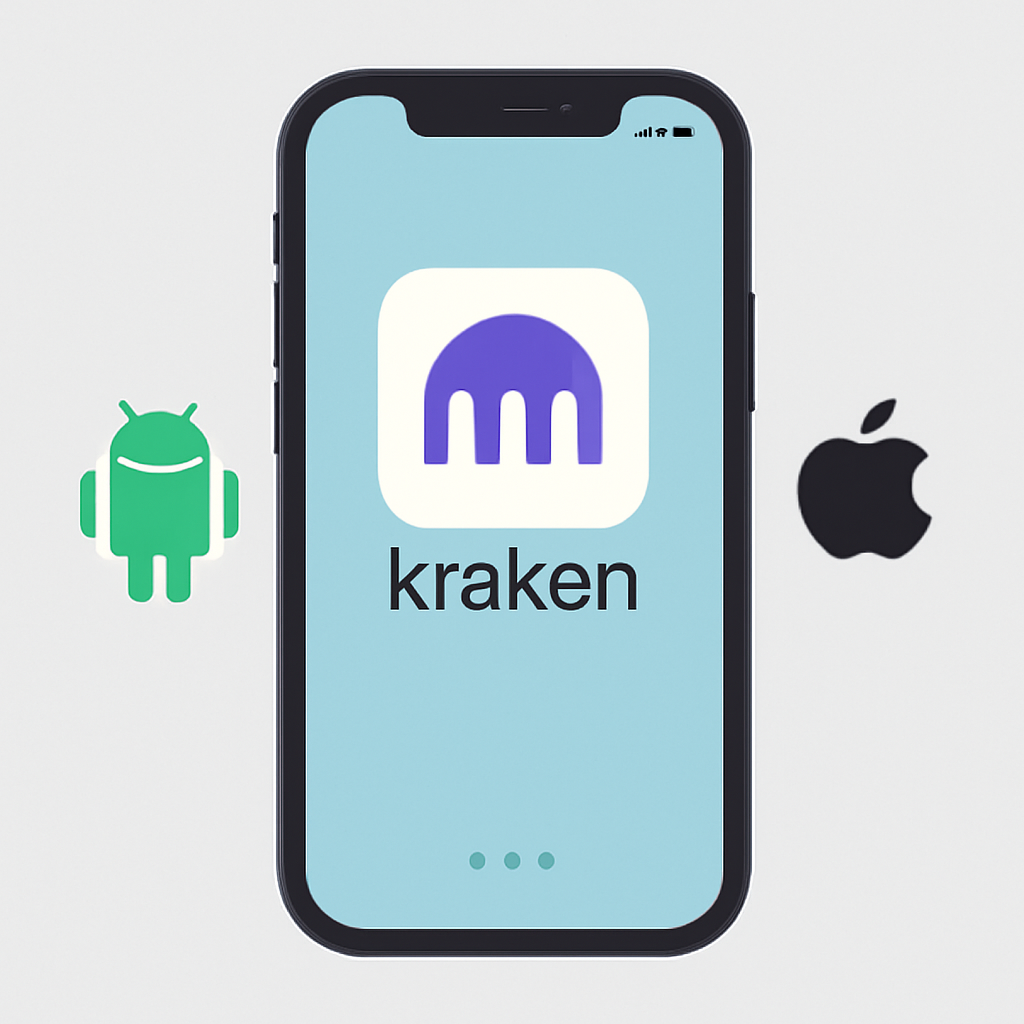 a smartphone displaying the Kraken app icon on its home screen, with both Android and iOS logos visible, modern and clean style