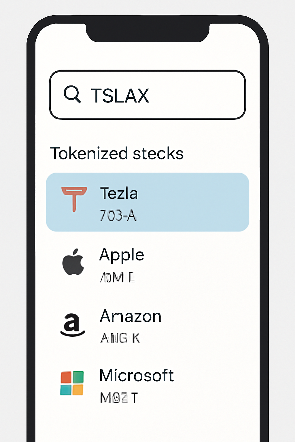 a mobile screen showing a search bar with 'TSLAX' entered, and a list of tokenized stocks including Tesla, modern UI design